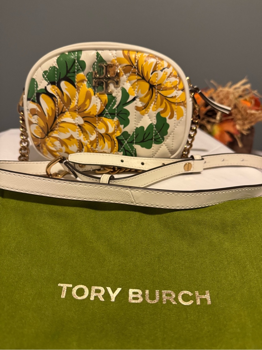 NWOT Tory Burch Kira Chevron Floral Camera Bag Yellow Floral Clouds 64433